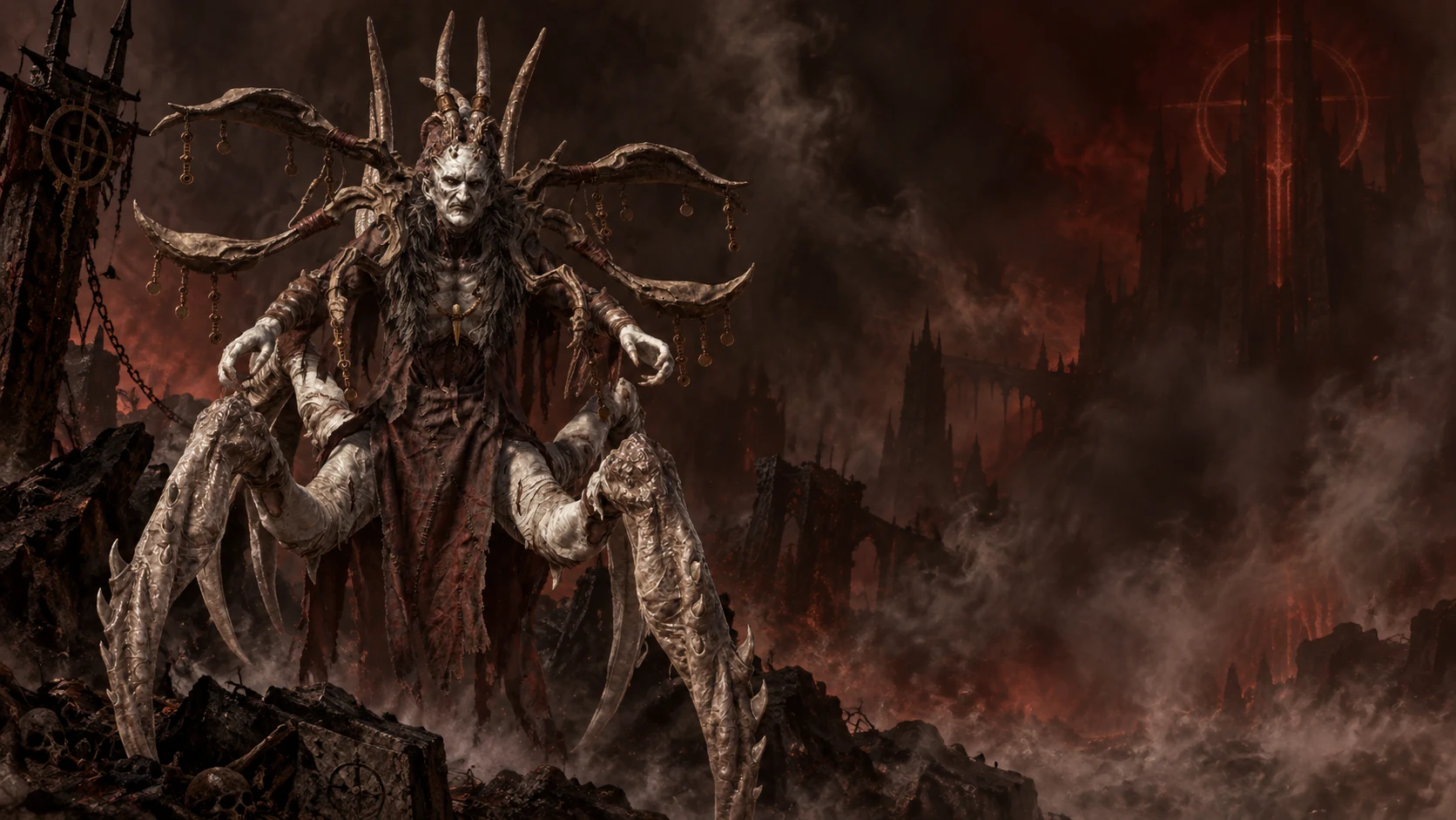 Baal, umgeben von seinen Klingen, vor den Ruinen der Hölle