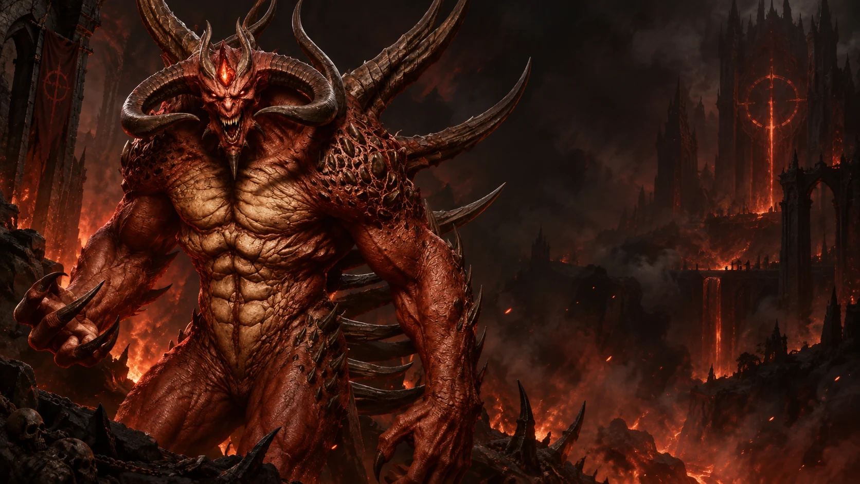 Diablo vor den brennenden Türmen der Hölle