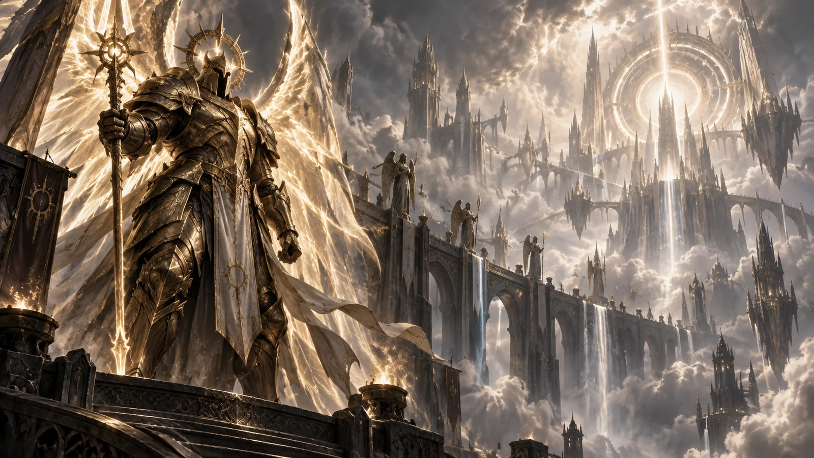 Imperius, Erzengel der Tapferkeit, mit Flügeln aus Licht und dem Speer Solarion