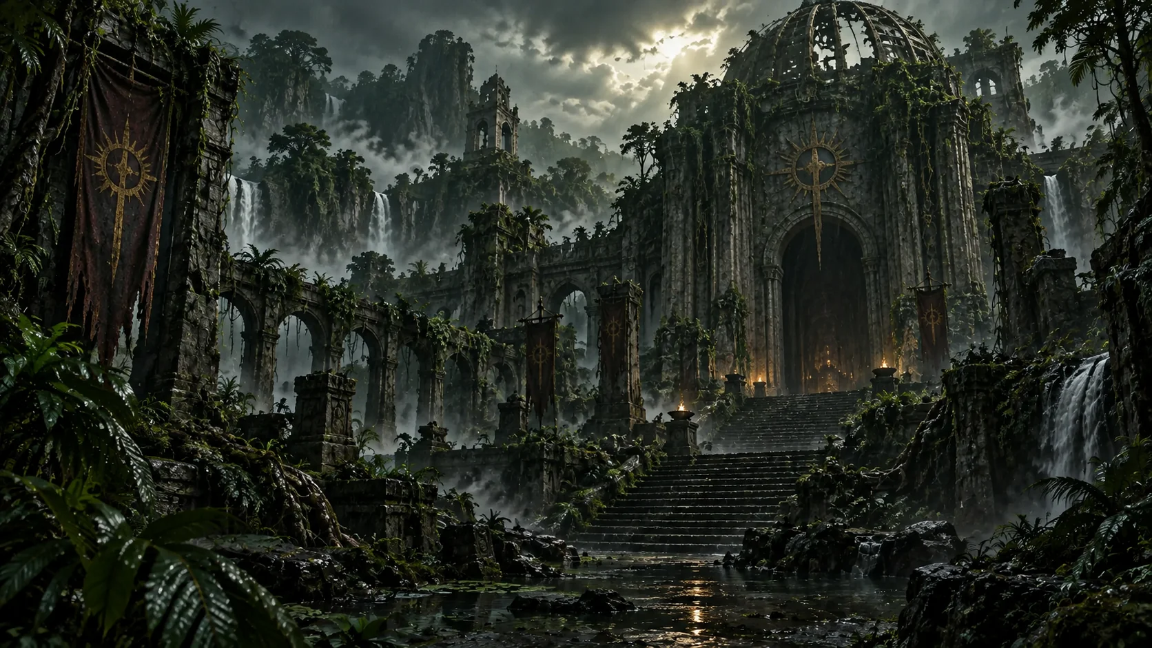 Ein verlassener Zakarum-Tempel, von Regenwald und Wasserfällen umschlossen