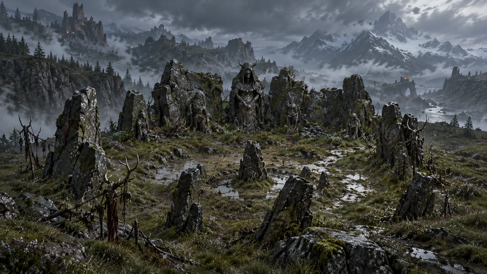 Ein alter Druiden-Steinkreis in der nebelverhangenen Hochlandschaft Scosglens