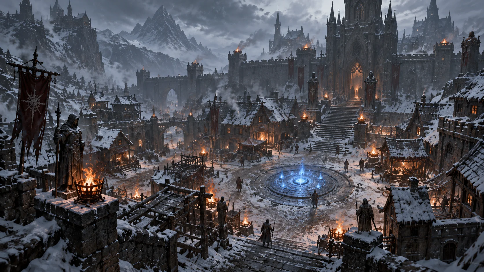 Blick über den verschneiten Marktplatz von Kyovashad zur Kathedrale des Lichts