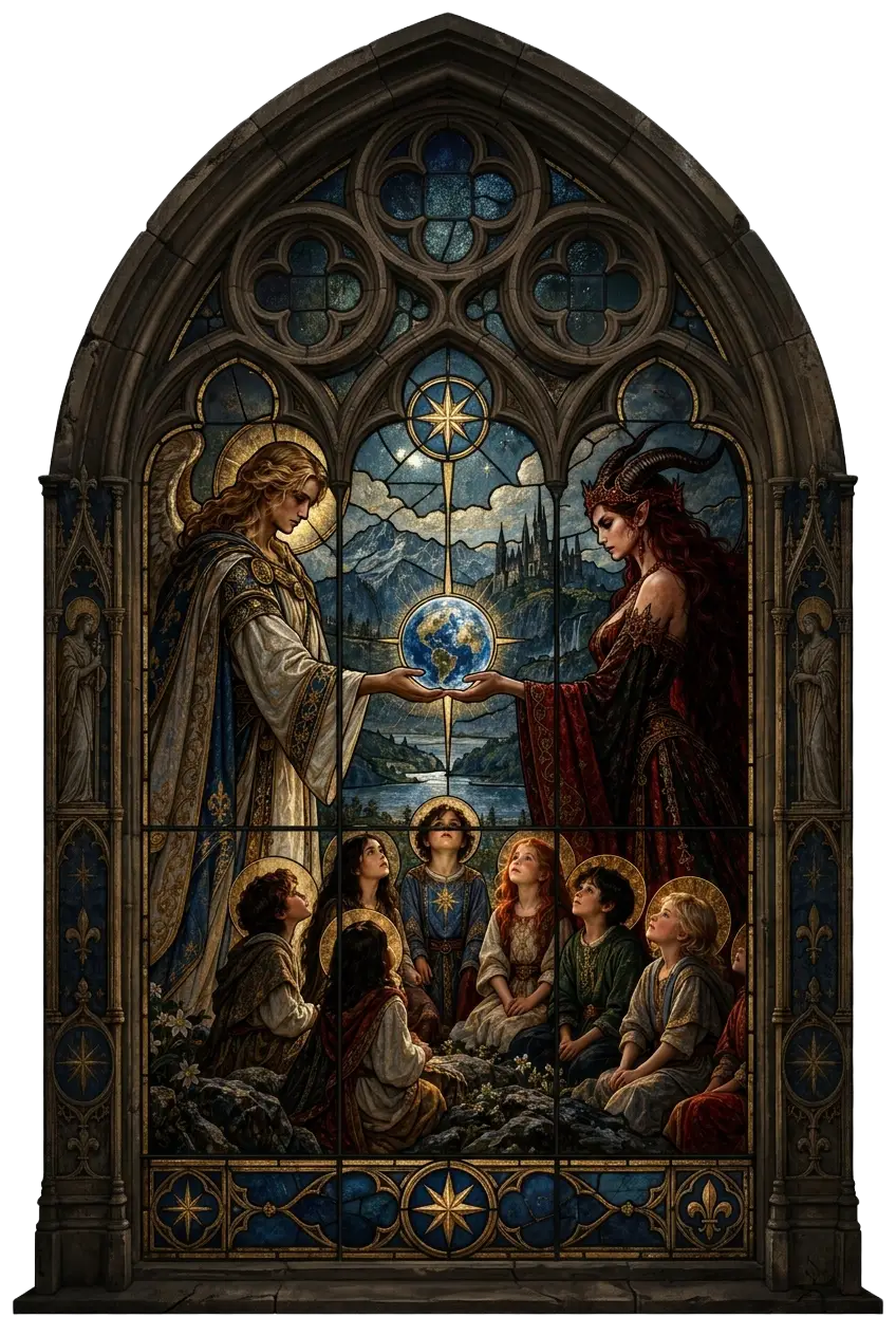 Inarius und Lilith reichen sich über den Nephalem-Kindern die neu erschaffene Welt Sanktuario