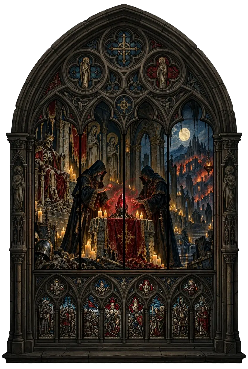 Horadrim-Mönche bannen einen Seelenstein vor dem Thron des toten Skelettkönigs, im Hintergrund brennt Tristram
