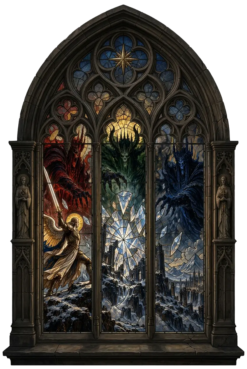 Tyrael zerschlägt den Weltenstein auf Berg Arreat, während die drei Brüder Diablo, Mephisto und Baal über der Ruine aufragen