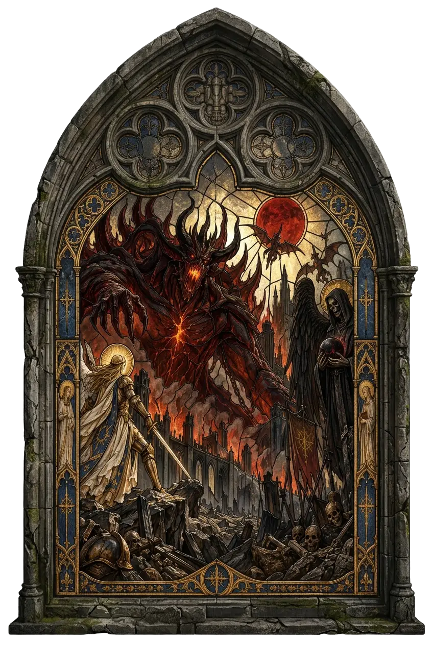 Ein Erzengel stellt sich dem Prime Evil vor einer zerbrechenden Kathedrale entgegen