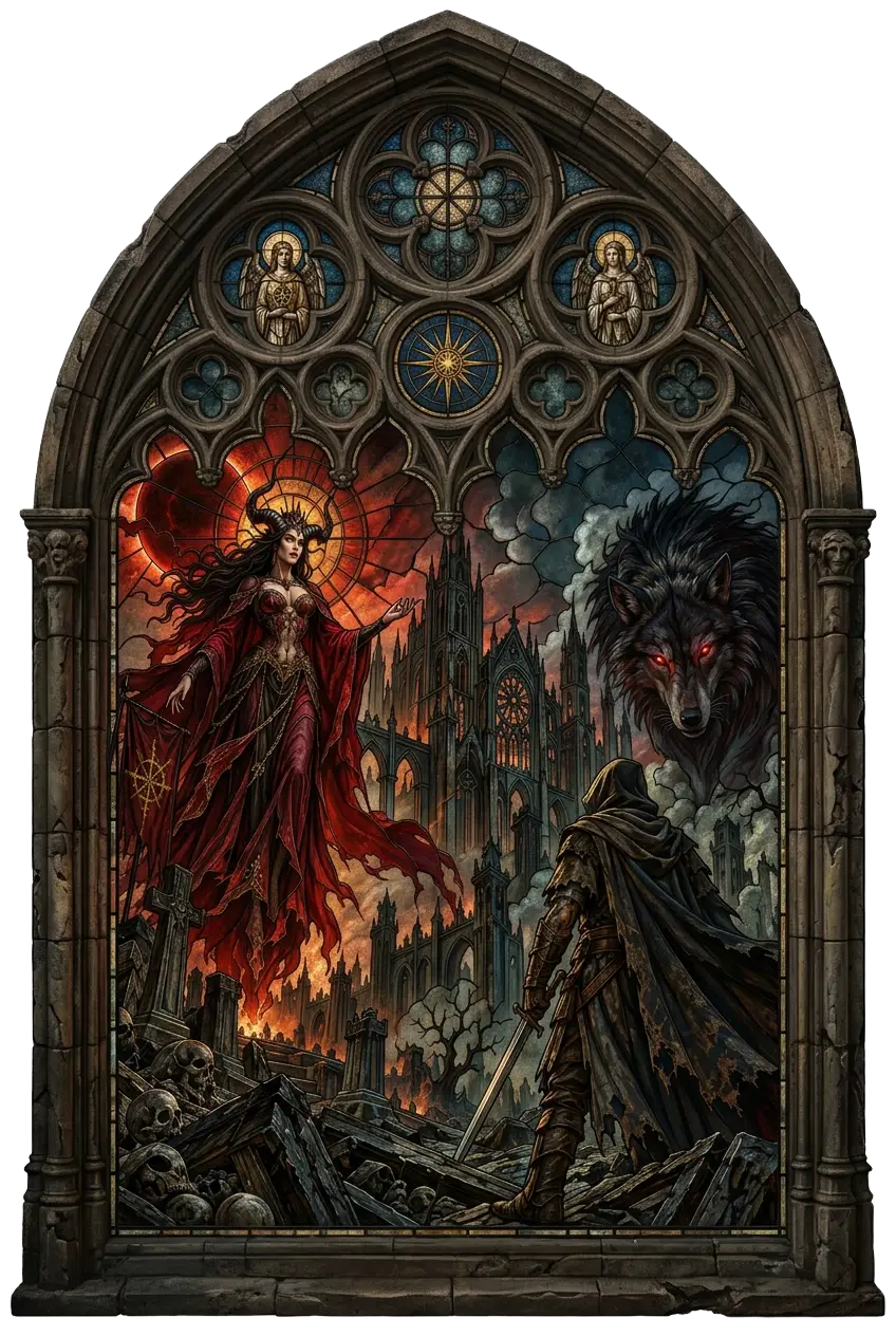 Lilith erhebt sich über der brennenden Stadt, während der Wanderer Mephisto in Wolfsgestalt gegenübersteht