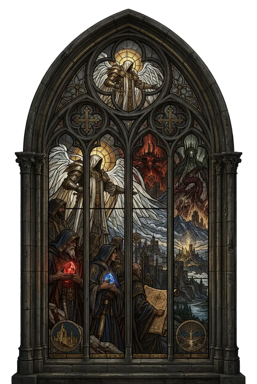 Tyrael überreicht Horadrim-Magiern Seelensteine, im Hintergrund erheben sich Diablo, Mephisto und Baal über einer belagerten Stadt