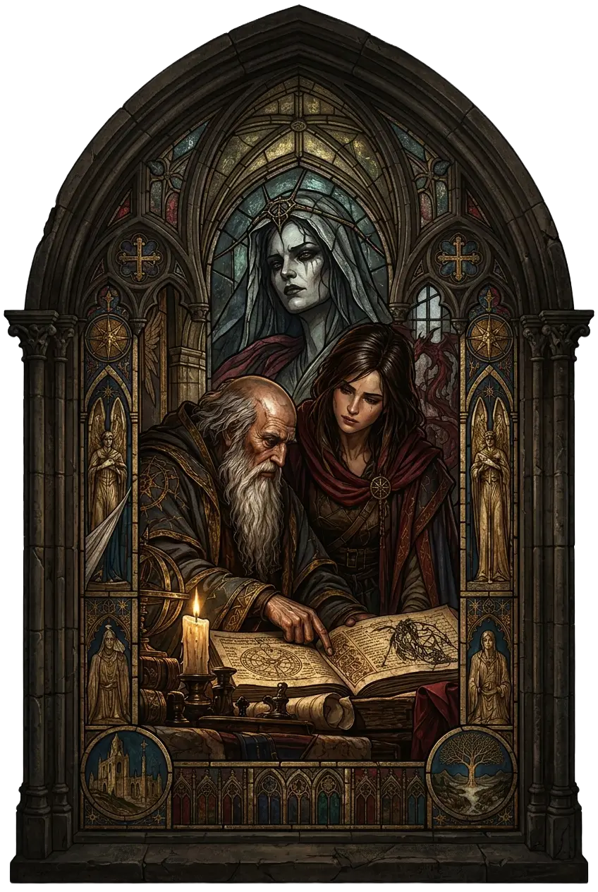 Deckard Cain und Leah studieren ein altes Buch, während Adrias Schatten und der Schwarze Seelenstein im Hintergrund erscheinen