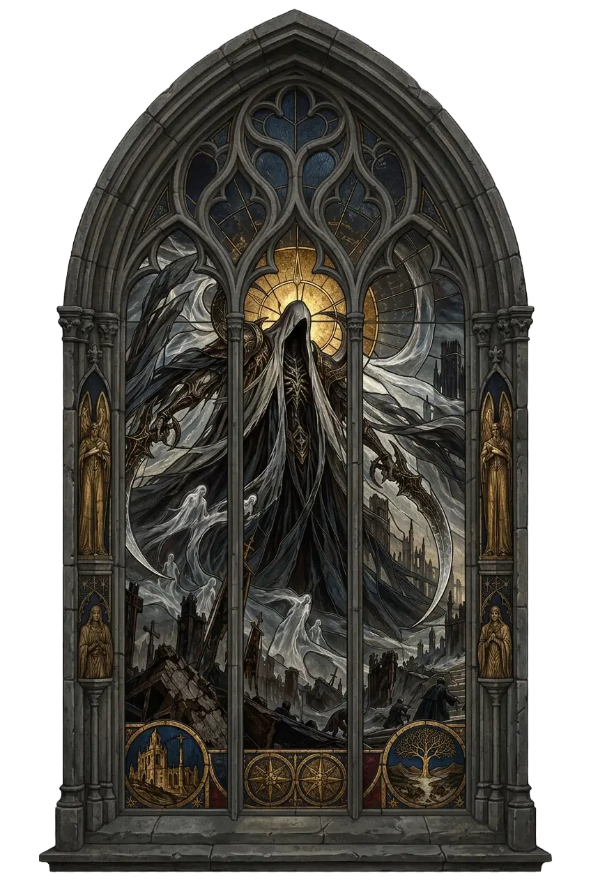 Malthael, der Engel des Todes, erhebt sich mit Sichelklingen über einer Ruinenstadt voller Geisterseelen