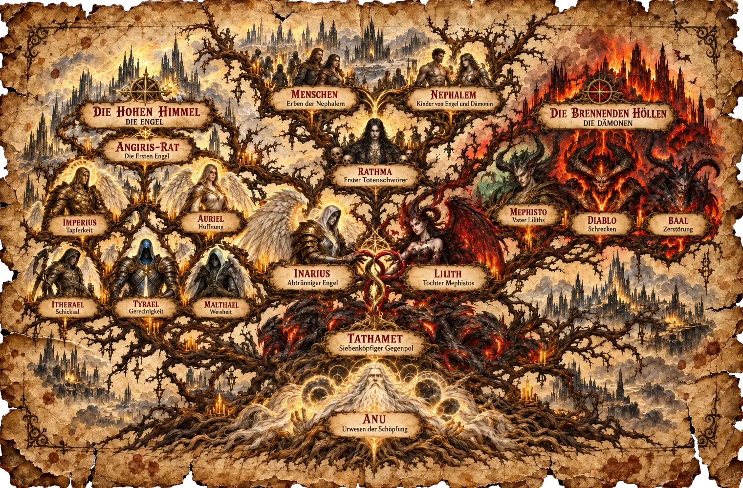 Stammbaum Sanktuarios: von Anu und Tathamet über die Hohen Himmel und Brennenden Höllen bis zu Inarius, Lilith, Rathma, Nephalem und Menschen